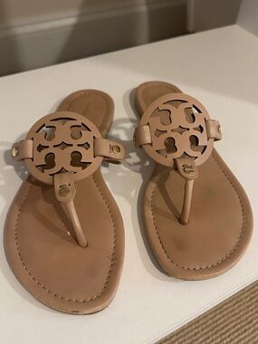 Tory Burch Tan Leather Miller Logo Thong Sandals